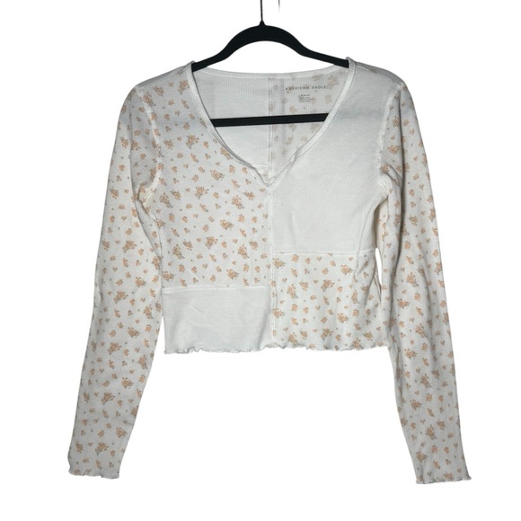 American Eagle Orange and White Floral Patchwork Top Cropped Long Sleeve Size M - Picture 1 of 10